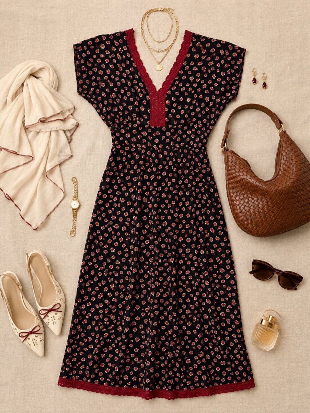Kit Cornell VTG Black Floral V-Neck Midi Dress Burgundy Lace Trim XL